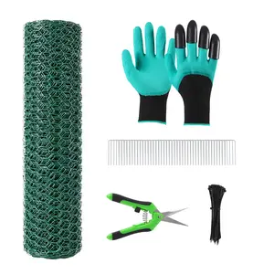 40cm x 10m Heavy-Duty Vinyl-Coated Chicken Wire Mesh for Garden Protection, Includes Cutting Pliers, Gloves, Stakes & Zip Ties for Floral Arrangements & Animal Barriers, Dark Green