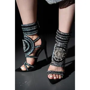 Clarysalyn Chain Trim Gem Brooch High Heels - Black Footwear Girl Sandal Walking Shoes