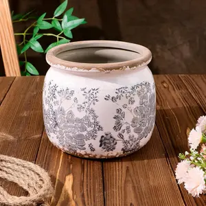Vintage Crackle-Glaze Ceramic Planter - Grey Rustic Flower Pot with Drain Hole, Indoor/Outdoor Tuscan Decor for Home & Garden Gift