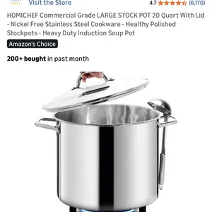 HOMICHEF 20 Quart Commercial Grade Stainless Steel Stock Pot with Lid. This high-capacity soup pot features healthy nickel-free stainless steel construction with a 3-ply bonded base (stainless steel around an aluminum core) for fast and even heat distribu