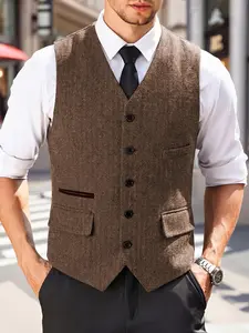 Men'S Retro Classic Herringbone Tweed Suit Vest V-Neck Casual Blend Suit Collar Top