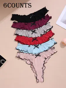 Women's Low Waist Bow Tie Knit Ribbed Thong Panties, Elegant Chic Comfortable Breathable Colorblock Fine Edge Ladies Underwear, Pack of 6