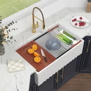 Kichae 33 Inch White Fireclay Farmhouse Sink Reversible Fluted Apron Front Ledge Workstation Single Bowl Kitchen Sink with Cutting Board & Accessories