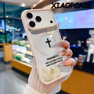 Magnetic Phone Case Compatible with iPhone 17 Pro Max Air 16 15 14  13 12 11 Plus,Hibiscus flowers and PHILIPPIANS 4:13 "Cross" Pattern Clear Acrylic Hard Back Soft TPU Edge Non-Yellowing Protective Cover