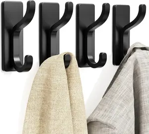 Adhesive Wall Coat Hooks - Heavy Duty Stick-On Door Hanger, Metal Hook for Hanging Towel,Purse, Robe, Backpack, Jacket, Clothes - for Bathroom,Dorm, Closet, Kitchen - Black