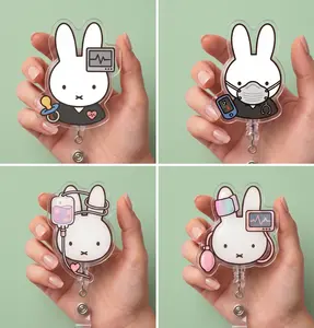 2D Acrylic Badge Reel Set Retractable Cute Bunny Nurse ID Card Holder Pack for Hospital Medical Staff Doctor Nursing Student Clinical Gift Items