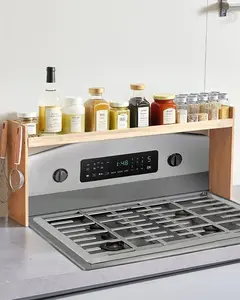 Over The Stove Spice Shelf And Bamboo Spice Rack, Kitchen Organizer With 32.6 By 13 Inch Dimensions, Mount Above Range Or Under Cabinet, Includes Six Hooks, Water-Resistant Finish, Space-Saving Storage For Cans, Jars, Bottles