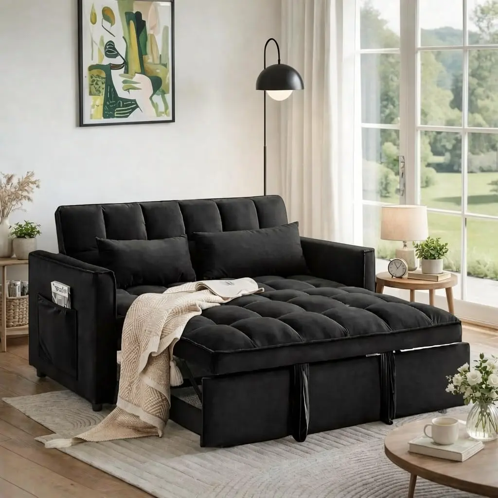 3-in-1 Convertible Sofa Bed with Pull-Out Sleeper and Adjustable Backrest, Velvet Loveseat with Side Pockets for Living Room and Apartment,Black