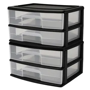 Homz Plastic 2 Drawer Wide Storage Cart, Black Frame with Clear Drawer, 2 Pack