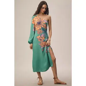 Farm Rio One-Shoulder Floral Midi Dress Large Petite LP Green Pink