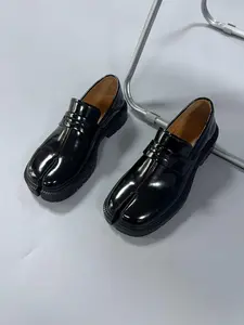 Men's Jet Black Glossy Leather Flat Slip-On Loafers - Split-Toe Platform, Trendy Penny Design, All-Day Comfort, Suitable for Casual & Formal Outfits, Jet Black Loafers
