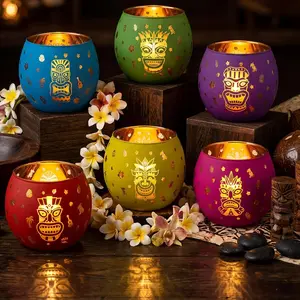 6 Pcs Hawaiian Luau Party Decoration Tiki Votive Candle Holder Tiki Torches Glass Candle Holder Tropical Flower Tealight Holder with 6 Laser Engraving Pattern for Hawaiian Aloha Summer Party