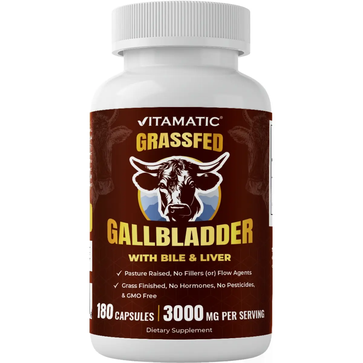 Vitamatic Natural Grass-Fed Bovine Gallbladder Digestive Vitamins Supplement, 180 Freeze-Dried Capsules Vitamins Supplements, Pasture-Raised Glandular Formula with Bile & Liver Support, Non-GMO Metabolism Aid, Digestive Vitamins Supplements