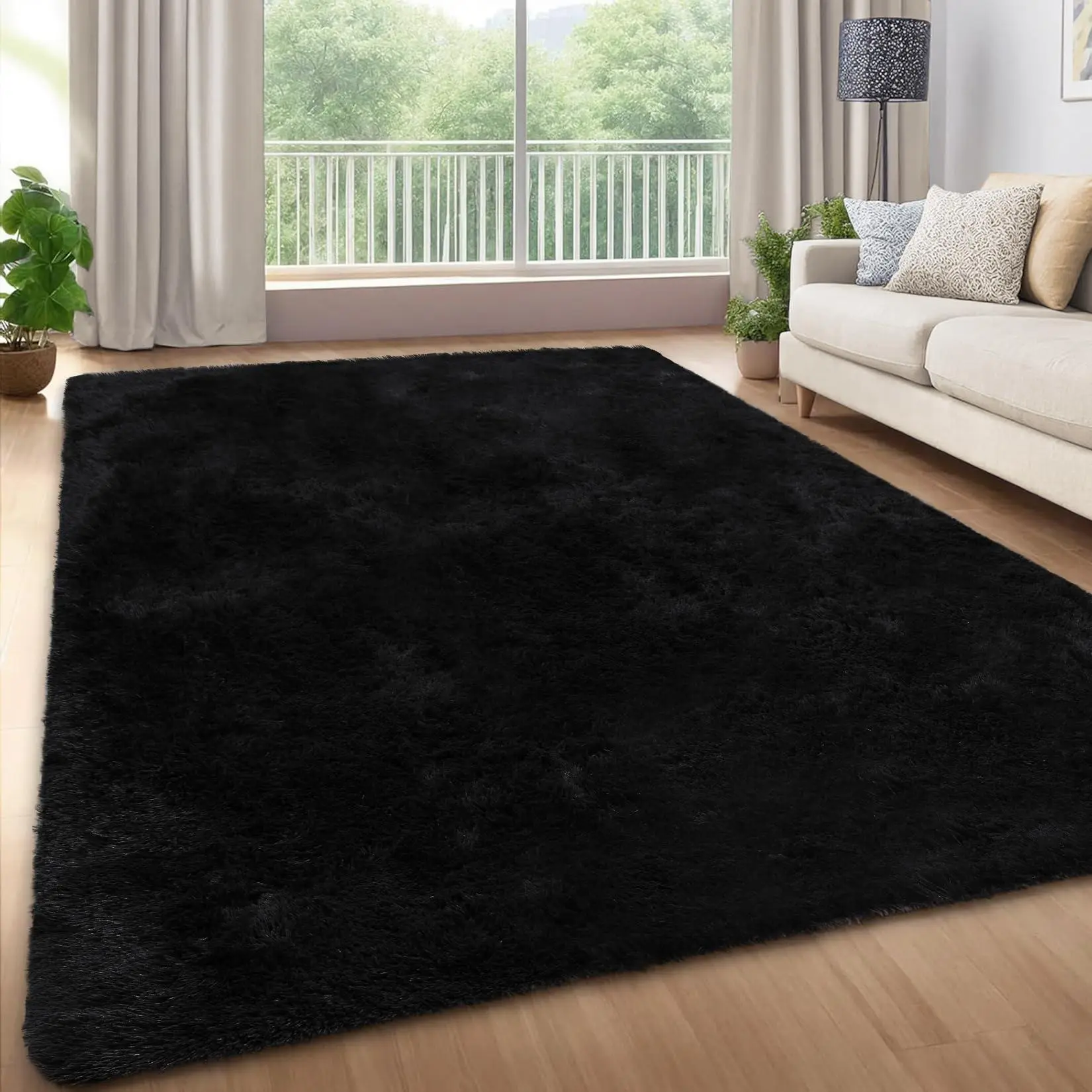 Shag Area Rugs for Bedroom Living Room, Ultra Soft Fluffy Area Rugs for Dorm, Indoor Carpet Nursery Rugs for Kids Girls Room Home Decor (Black)