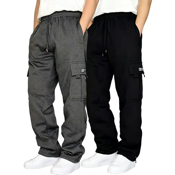 Men’s two-pack cargo sweatpants with multiple pockets — drawstring elastic straight-leg casual pants; American high-street loose trendy athletic cargo long pants