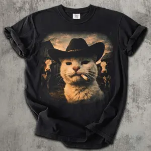 Funny Cowboy Cat Meme T-Shirt, Gift for Cat Lovers, Comfort Colors Style, Unisex Graphic Tee, Irony Humor Shirt, Weird Aesthetic Tee