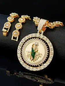 Rhinestone Decorated San Judas Pendant Necklace for Men, Cuban Link Chain, Fashion Jewelry for Party, Daily Clothing Decor, Trendy All-match & Exquisite Jewelry for Birthday Gift