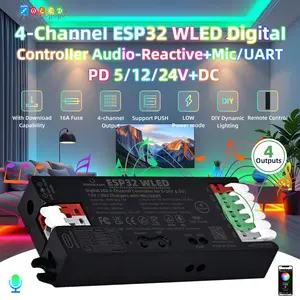 4 Channel ESP32 WLED Digital Controller Audio-Reactive+Mic/UART PD5/12/24V+DC,LED Strips Connect and Control,Dynamic Mode RGB IC DIY WiFi APP Control