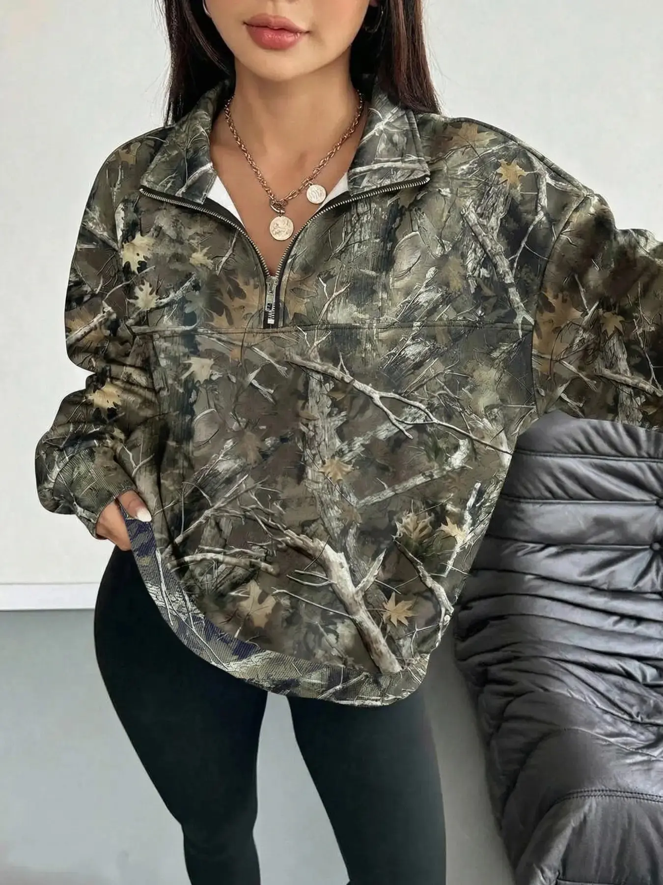 Women's Hooded Half-Zip Casual Graphic Casual Hoodie Collared Round Neck Long Sleeve Sport Top, Full Print Leaf Pattern, Digital Printing, Loose Fit, Fall & Winter, Pullover Sweatshirts, Hoodie Sweatshirts