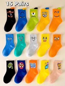 Boys' Cartoon Face & Letter Print Calf Socks, Cute Comfy Breathable Mid-Calf Socks for Daily Wear, Kids Socks for All Seasons, Casual Stylish Socks