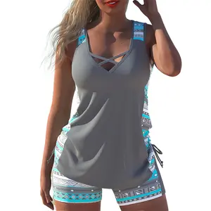 Women's Bohemian Two-Piece Tankini Ethnic Geometric Floral Print Crossed Straps Drawstring Tummy Control Beach Swimwear