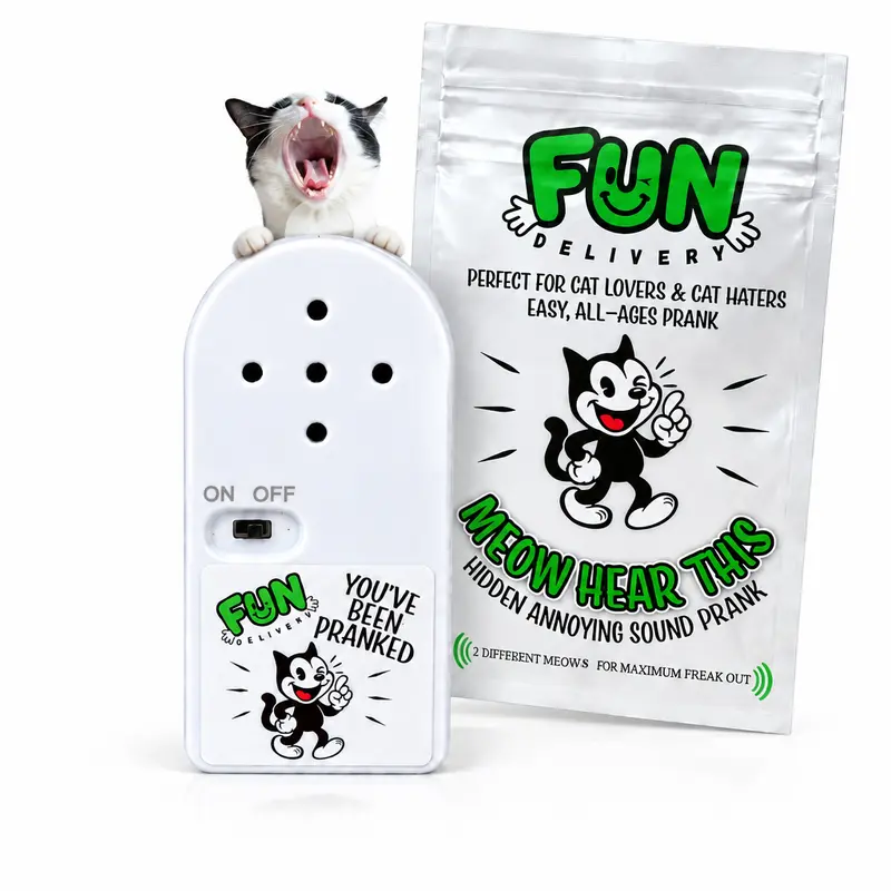 Meow Hear This Cat Noise Maker Prank by FUN Delivery – Hidden Meowing Sound Device, Small Slim Office Prank, Funny Gag Gift for Adults, Coworkers & Cat Lovers, April Fools & White Elephant