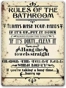 Bathroom Rules Sign, Farmhouse Bathroom Decor Wall Art Vintage Metal Tin Signs Funny 12 x 8 inches