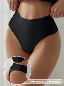 1/5Pcs Women's Comfortable Seamless Fashion Shapewear Buttoned Plain Mid-Waist Thong Panties, Sexy Fitted Design for All Seasons