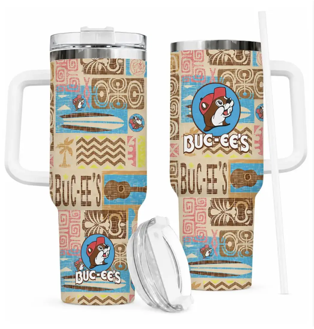 Buc-ee's Tropical Pattern Tumbler, 40oz Stainless Steel Travel Mug with Handle & Straw, Unique Island Style Buc-ee's Fan Gift