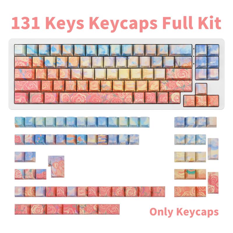 Rose Coast Gradient Oil Painting Style PBT Keycaps Compatible with 61/64/87/104/108 Cherry Switches Side-Engraved Transparent Keycaps Five-Sided Dye-Sublimation Custom Mechanical Keycaps Wear-Resistant Non-Transparent