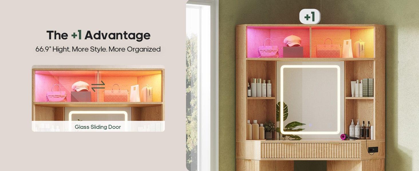 Sikaic Makeup Vanity with Sound Sync LED Lights and Glass Top Luxury Fluted Wooden Corner Vanity Desk with Mirror, Power Outlet, Shelves, Drawers and Cabinets Sikaic Makeup Vanity with Sound Sync LED Lights and Glass Top Luxury Fluted Wooden Corner Vanity Desk with Mirror, Power Outlet, Shelves, Drawers and Cabinets