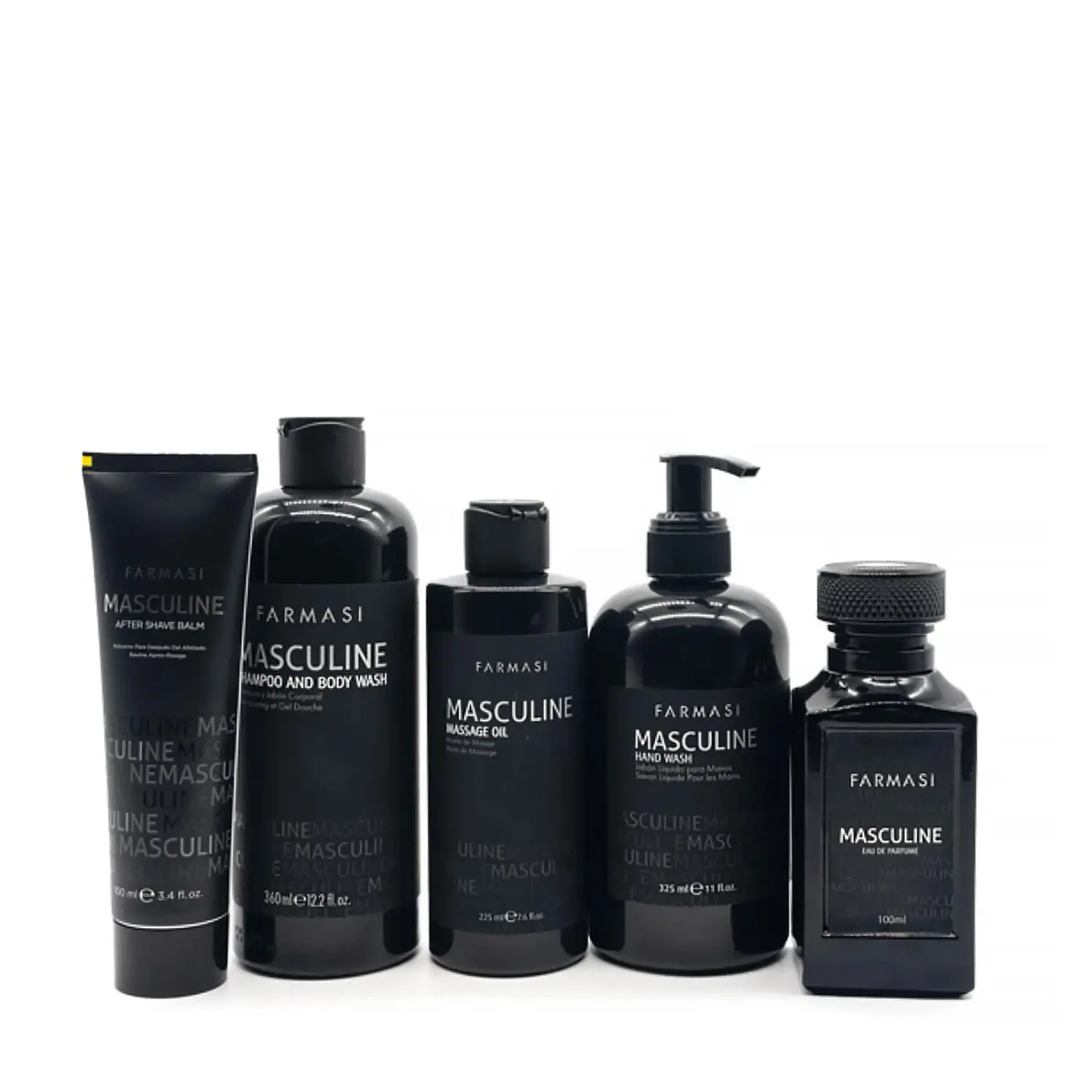 FARMASI Men's 5-Piece Masculine Body Care Set - Shampoo, Body Wash, After-Shave Balm, Massage Oil, Eau de Parfum (EDP)