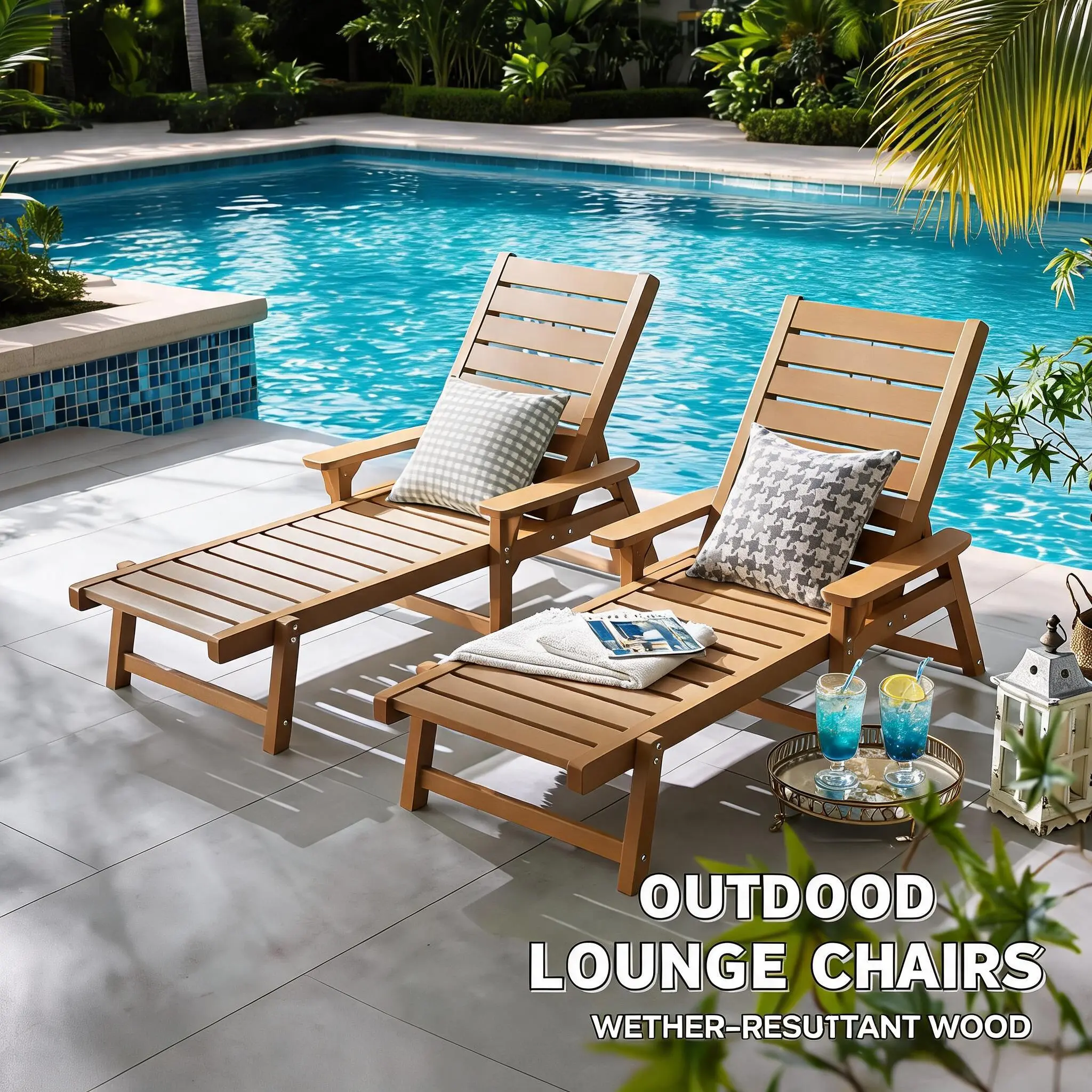 Chaise Lounge Set of 2, Poly Lumber, Outdoor Lounge Chair with Adjustable Backrest, Sturdy Weather Resistant Waterproof Fade Proof, for Poolside Patio Garden