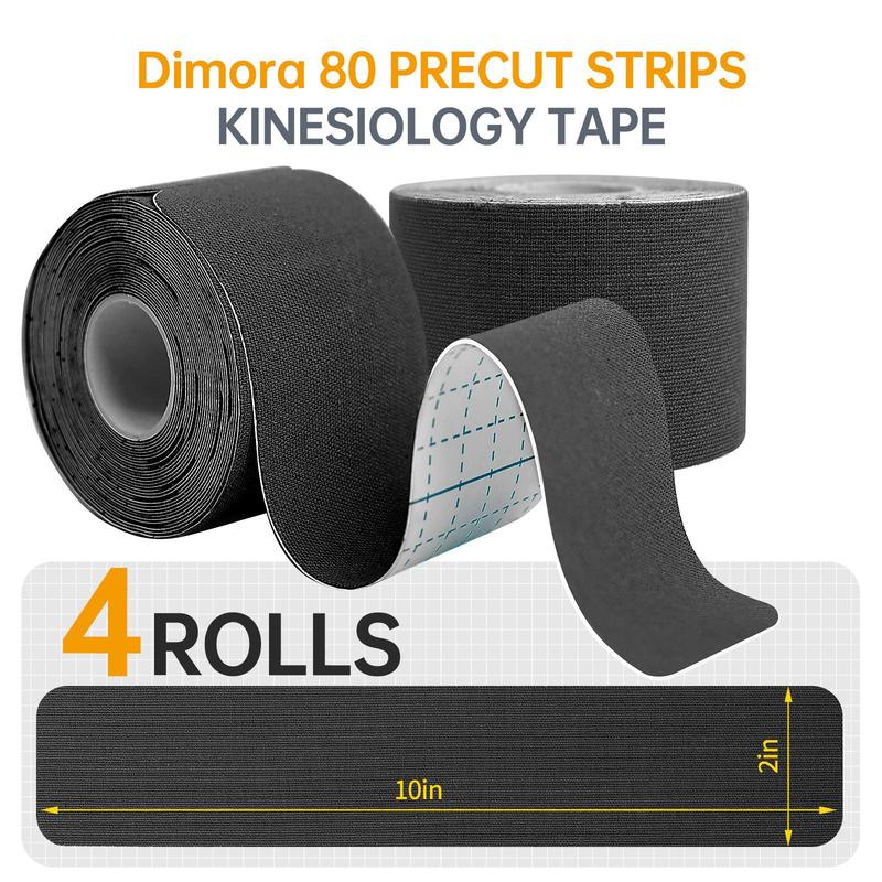 Dimora Kinesiology Tape 4 Rolls - Elastic Cotton Athletic Tape, 16.4 ft, 80 pre-cut tapes for muscle pain relief. Pair with KT tape, kinesiology tape, KT tape for knees, and skin tape for added support.