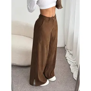 Elegant women’s corduroy pants, new fall–winter straight-leg split-hem long trousers, casual wear for women, casual lounge pants