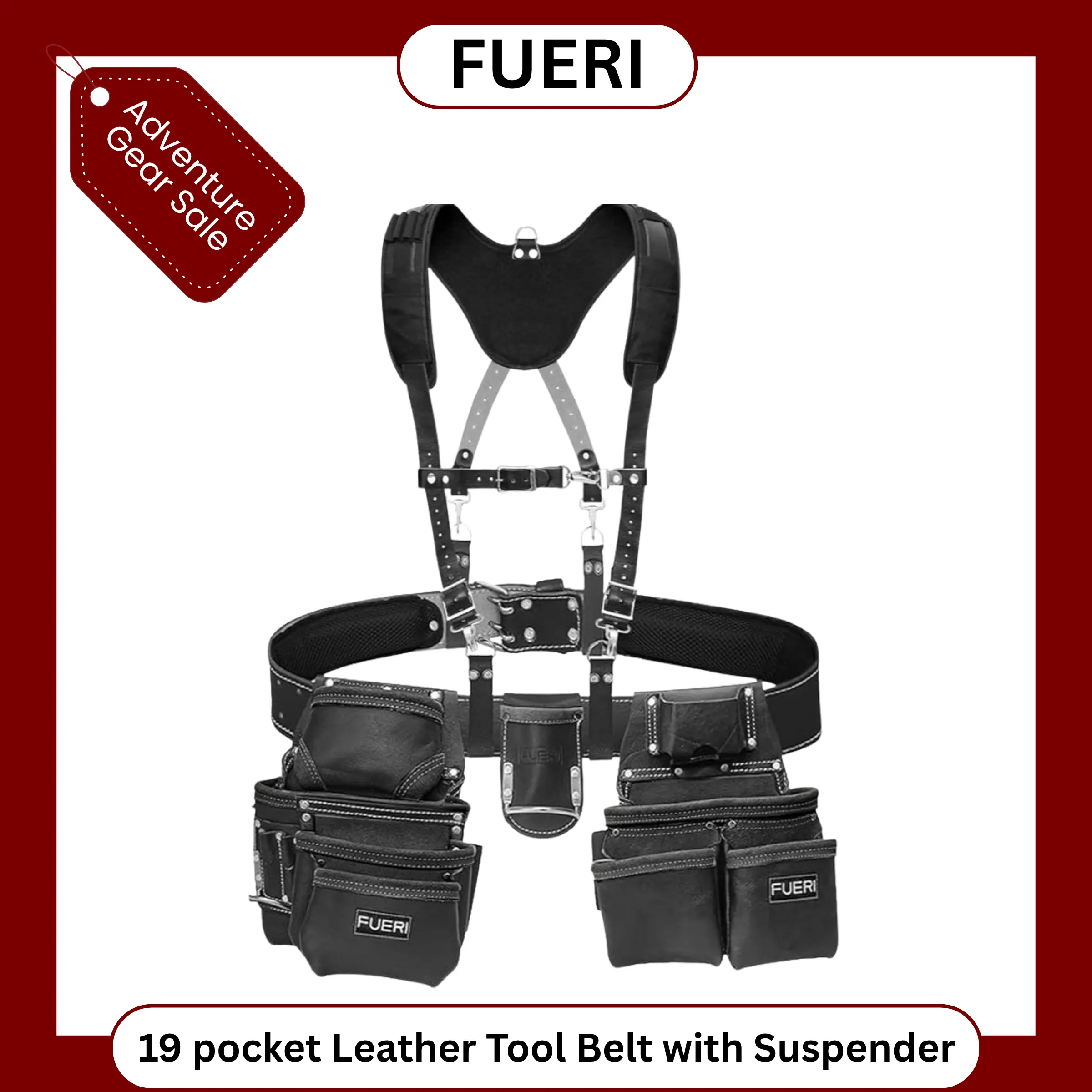 FUERI 19 Pocket Leather Tool Belt with Suspenders,Comes with Padded Belt, Big Pouches, Hammer Holder,Suspender loops and Leather Suspender, Ideal for Construction Workers, Carpenters and Electrician.