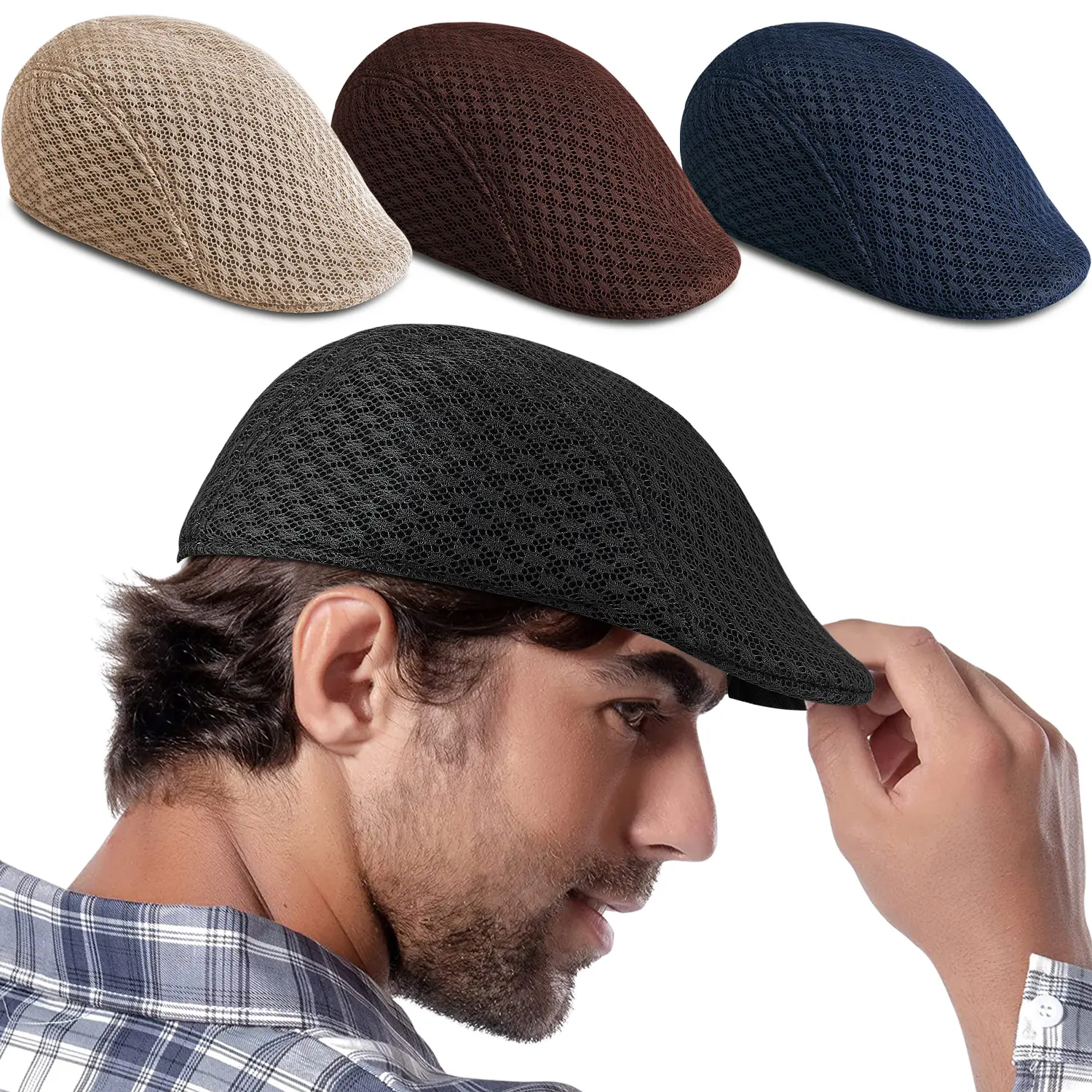 Solid Mesh Gatsby Cap Men's Ivy Hat Golf Driving Summer Sun Flat Cabbie Newsboy