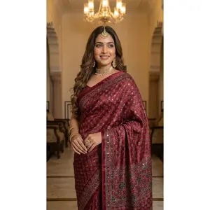 Ajrakh Print Satin Saree with Mirror Work & Moti Latkan