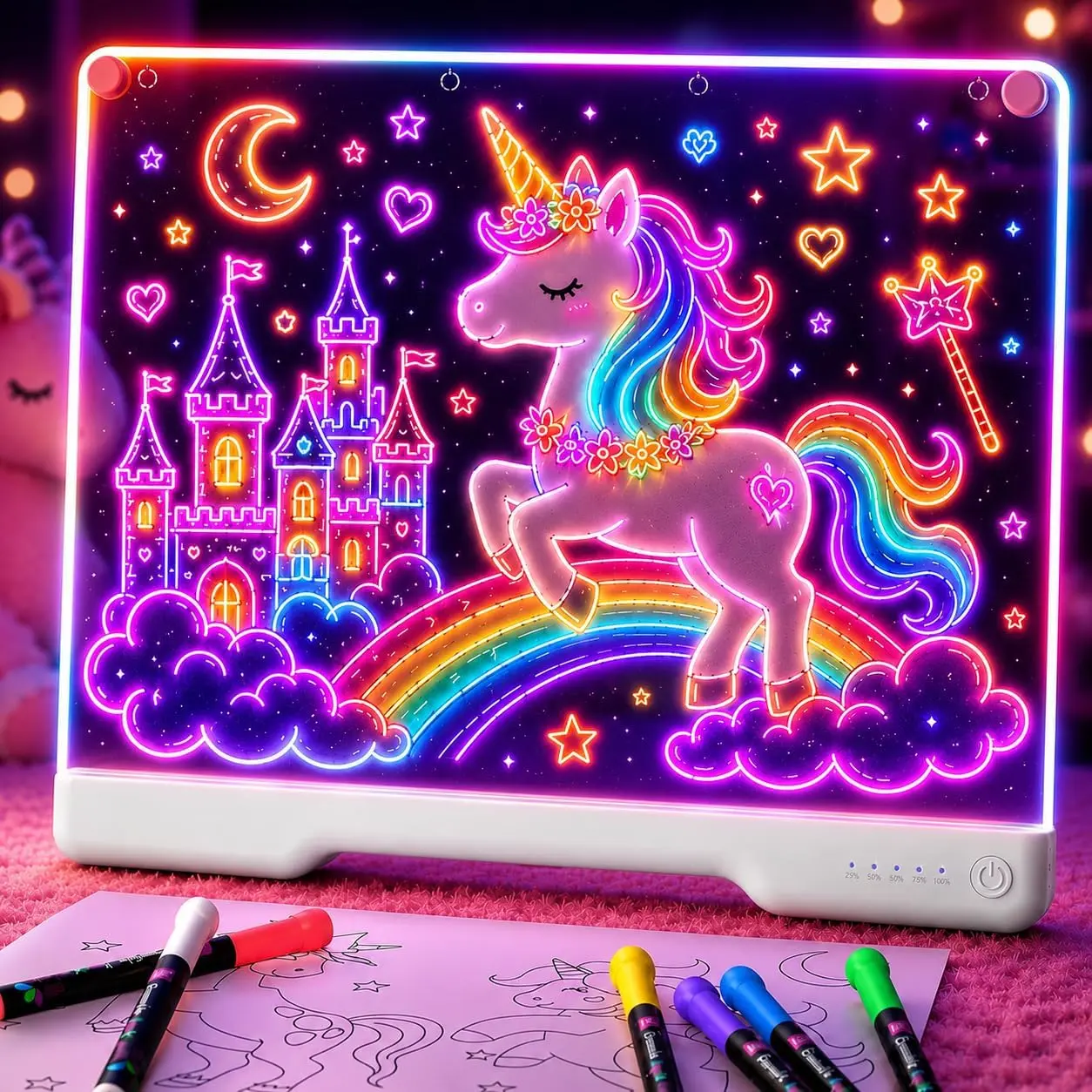 16" Rechargeable LED Light Up Drawing Board - 9-Color Neon Art Dry Erase Glow Pad with Built-in Stand, 7 Markers & Tracing Book | Creative Sketching Gift Toy for Kids, Girls & Teens
