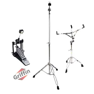 Drum Hardware Set 3 PACK by GRIFFIN - Kick Drum Pedal, Snare Stand & Straight Cymbal Stand | Deluxe Double Chain Full Steel Foot Pedal for Intense Play | Slip-Proof Gear Tilter & Clamp Basket Holder
