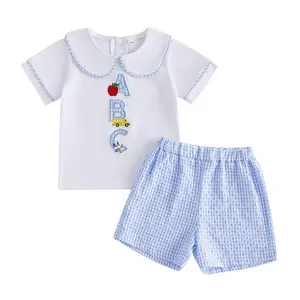 Toddler Baby Little Boy Back to School Outfit Summer Cute Short Sleeve Crayon Embroidery Tops with Plaid Shorts Set 2-7 Years