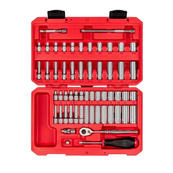 56-Piece 14 Inch Drive Socket and Ratchet Set, 6-Point Standard & Deep Sockets, Metric & SAE Sizes, 90-Tooth Ratchet with Case