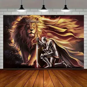 Lion Warrior Tapestry Armor Faith Backdrop Religious Theme Wall Hanging Photography Background Spiritual Decor for Living Room Bedroom Indoor Outdoor Event Decoration