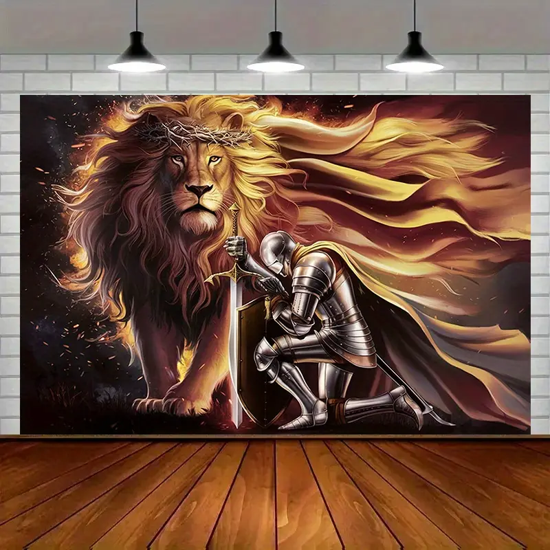 Lion Warrior Tapestry Armor Faith Backdrop Religious Theme Wall Hanging Photography Background Spiritual Decor for Living Room Bedroom Indoor Outdoor Event Decoration