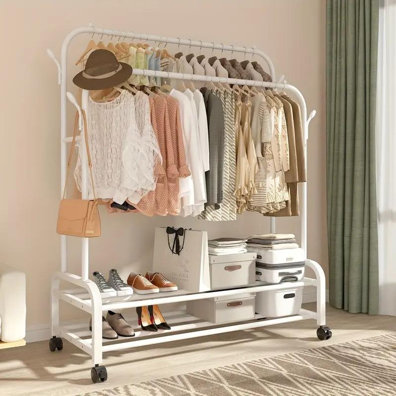 Sturdy Metal Double Rod Garment Rack with Wheels Portable Clothes Rack with Shelves and Hooks Heavy Duty Hanging Organizer for Clothes Bedroom Laundry Closet White