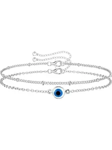 2 Pcs Silver Chain Bracelets for Women Girls 925 Sterling Silver Diamond-Cut Square Chain Women Bracelet Adjustable Layered Evil Eye Infinity Paperclip Satellite Beads Bracelets Jewellery Gift