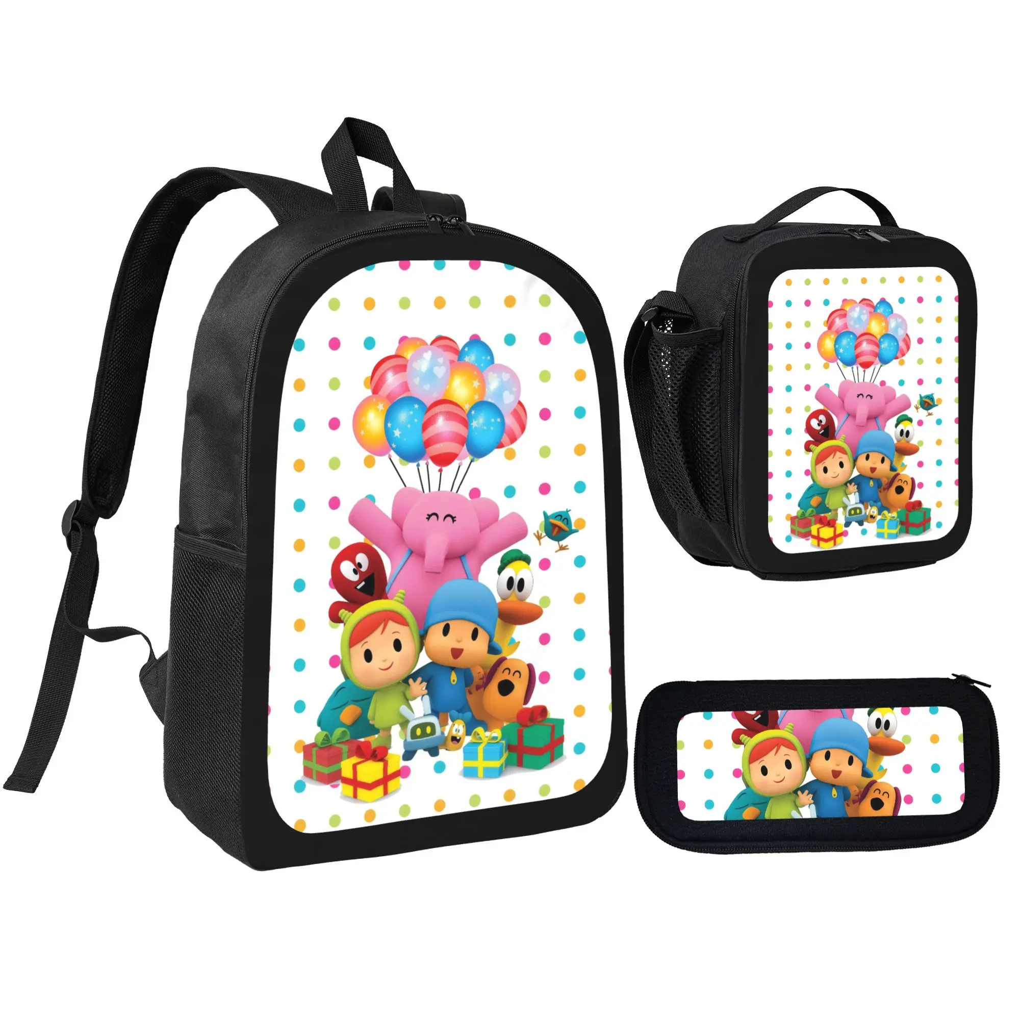 Pocoyo Cartoon Backpack Set for Girls, 3-Piece Casual Polyester School Bag with Insulated Zip Lunch Box and Pencil Case for Travel, Unisex