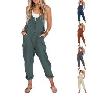 Kingapril Women's Overalls Linen Cotton Jumpsuits Loose Casual Jumpsuits with Pockets