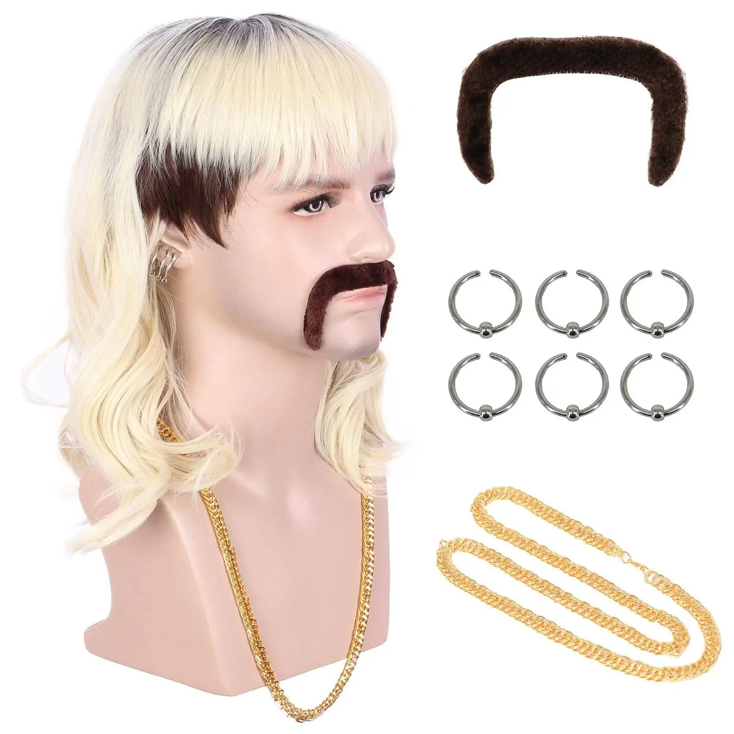 Adult Men's 70s-80s Rocker Mullet Wig - Adjustable Synthetic Halloween Costume Wig, Long Wavy Beige Blonde with Dark Roots, Mustache, 6 Earrings, Golden Necklace, Cap, for Ages 13 and Above, Concerts, Anime Costume Party, Daily Use