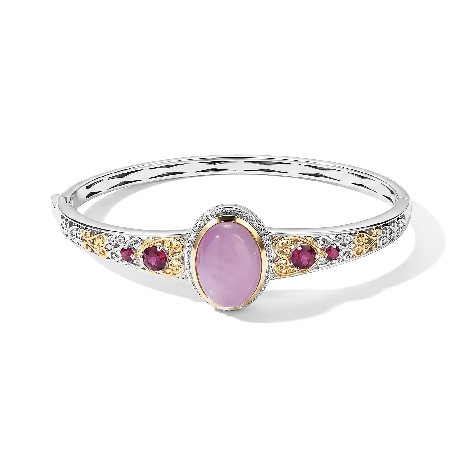 EverTrue Kunzite and Orissa Rhodolite Garnet 16.50 ctw Bangle Bracelet in 18K YG Plated and Platinum Bond (7.25 In)